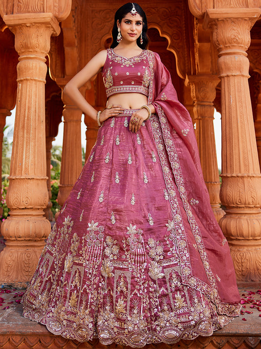 Women's Pink Tissue Handwork cutdana embroidery Lehenga choli & Dupatta