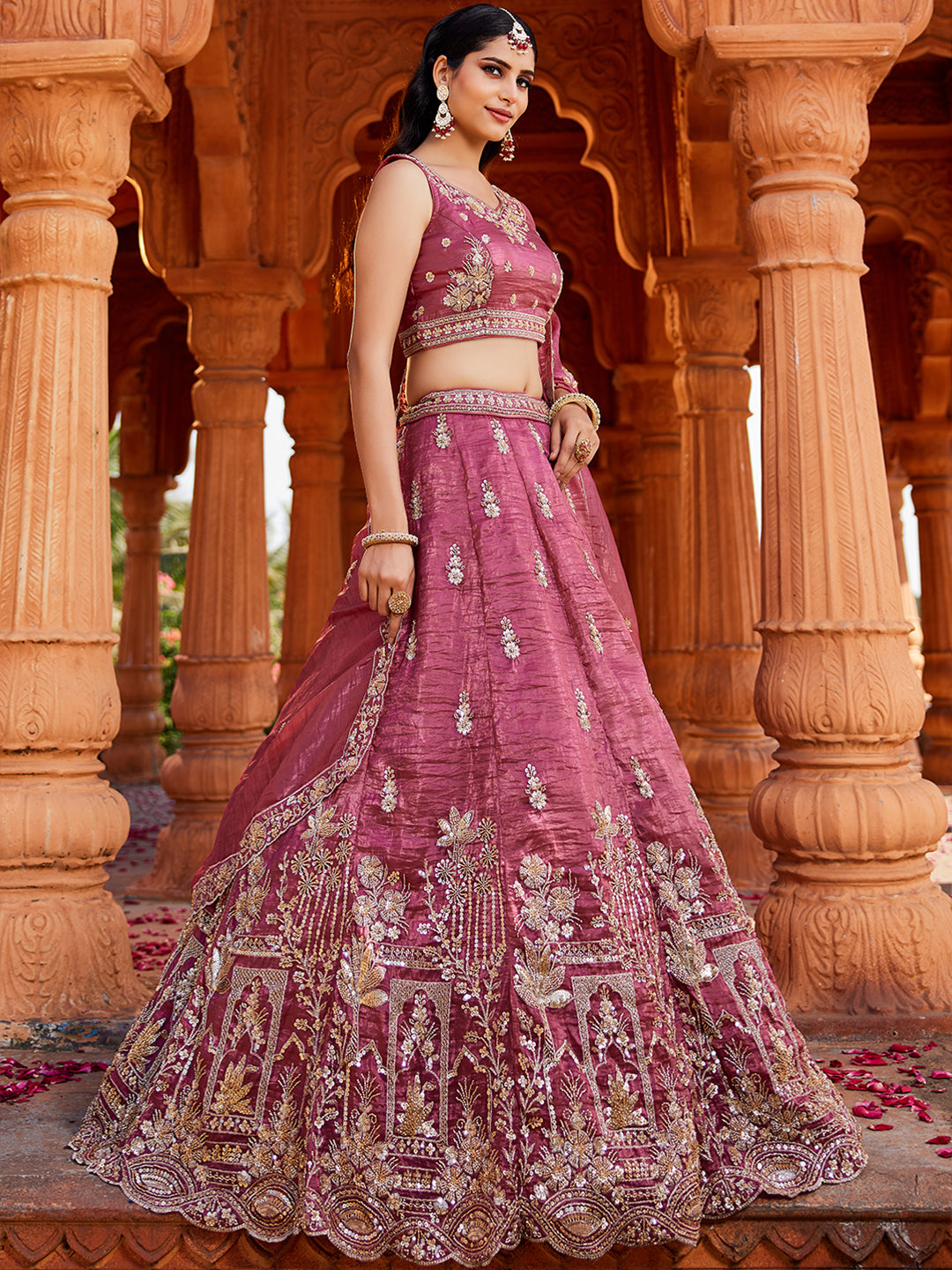 Women's Pink Tissue Handwork cutdana embroidery Lehenga choli & Dupatta