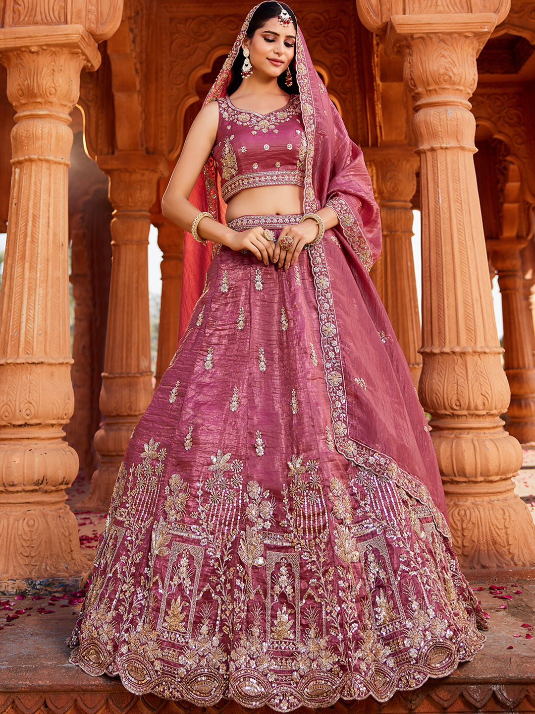 Women's Pink Tissue Handwork cutdana embroidery Lehenga choli & Dupatta
