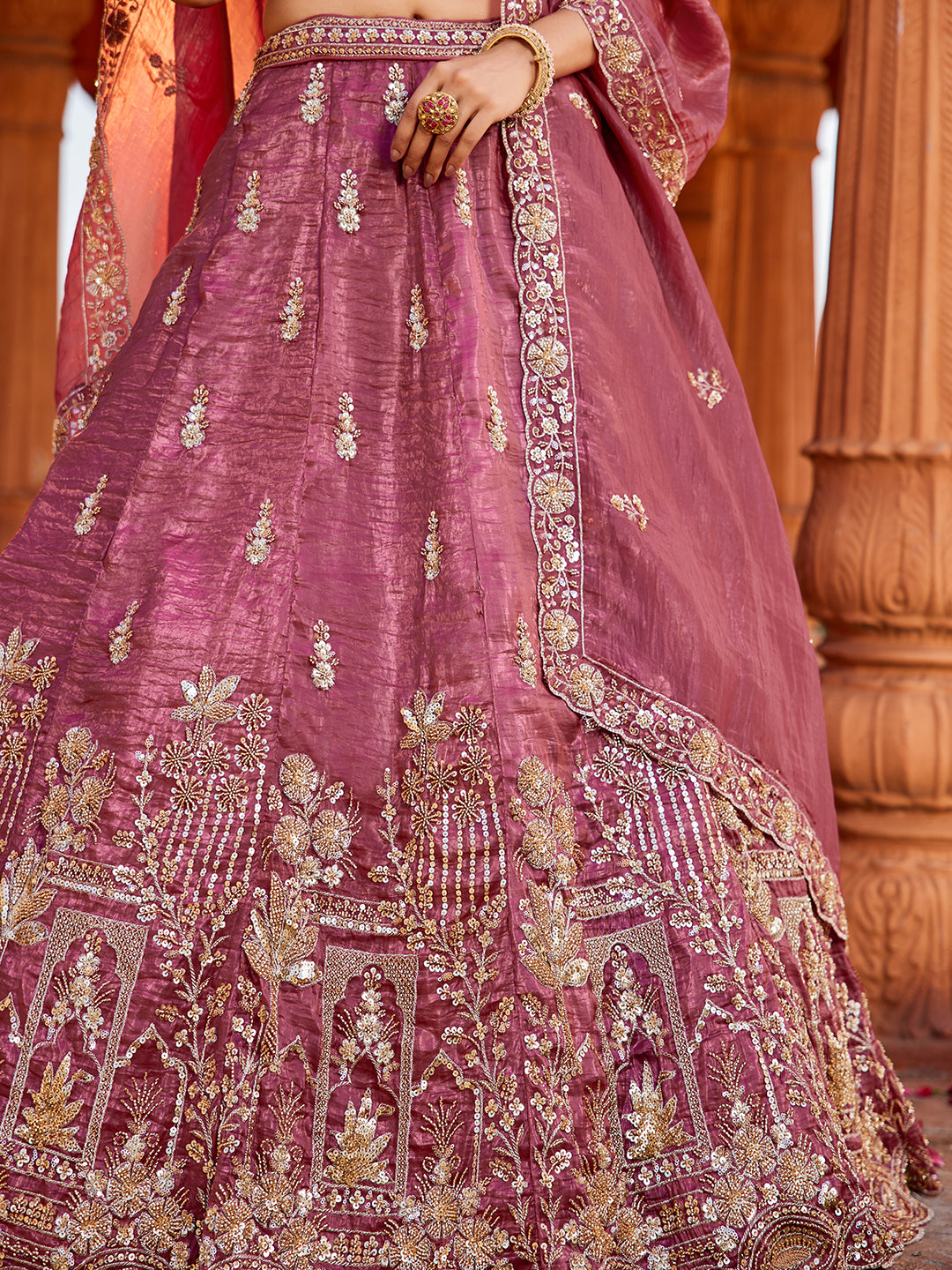 Women's Pink Tissue Handwork cutdana embroidery Lehenga choli & Dupatta