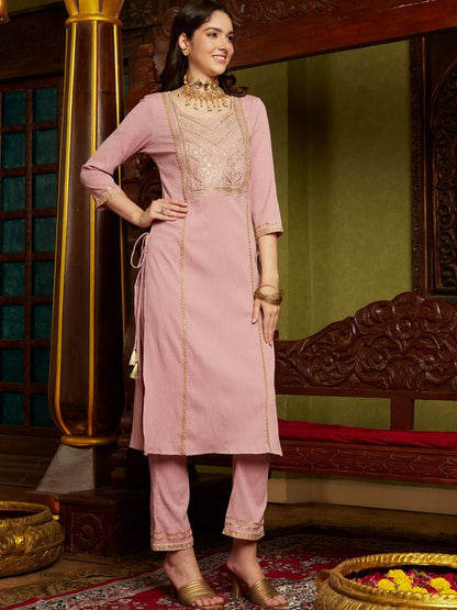 Dhiyona SN Women's Mauve Ethnic Motifs Embroidered Sequinned Straight Kurta With Trouser & Dupatta