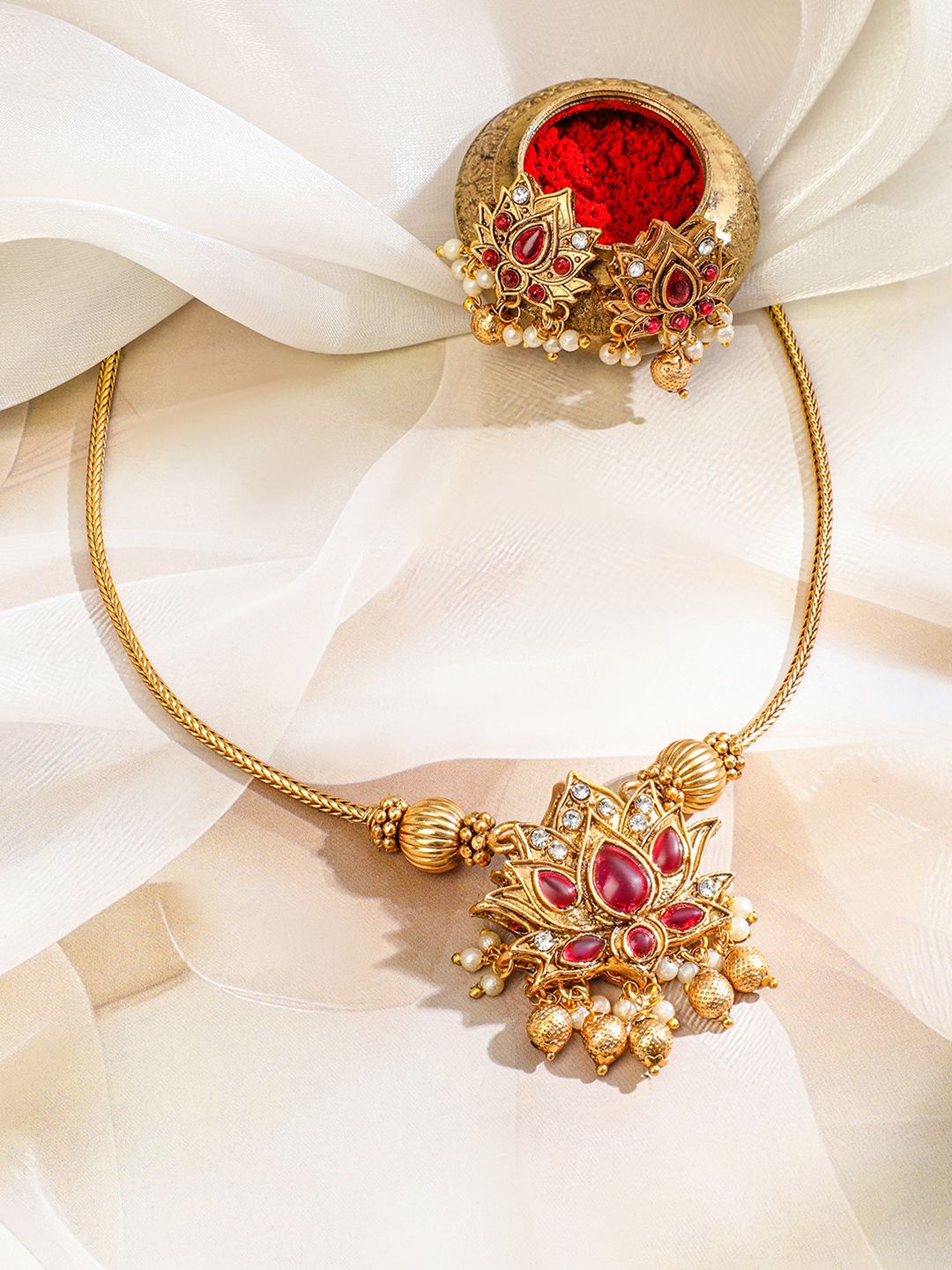 Dhiyona RJ Women's 22K Gold Plated 2 In 1 Lotus Motif Ruby & Emerald Stone Studded Jewellery Set