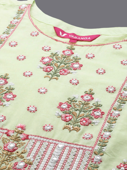 Dhiyona VA Women'sFloral Embroidered Pure Cotton Straight Kurta With Trousers & Dupatta