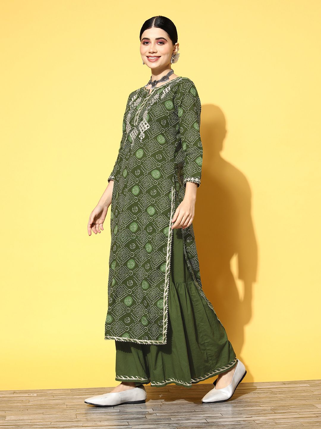 Women Green Ethnic Motifs Printed Gotta Patti Kurta with Sharara & With Dupatta