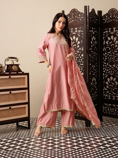 Dhiyona PD Women Floral Yoke Design Thread Work Kurta with Palazzos & Dupatta