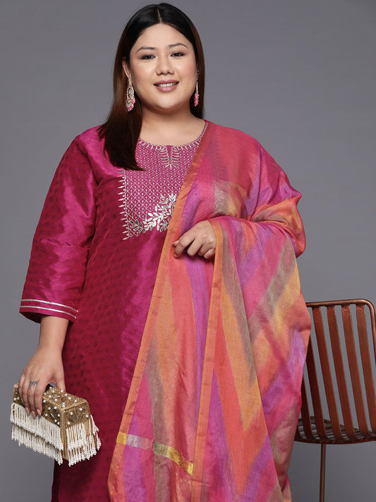 Dhiyona VA Women's Magenta Floral Embroidered Kurta with Trousers & Dupatta
