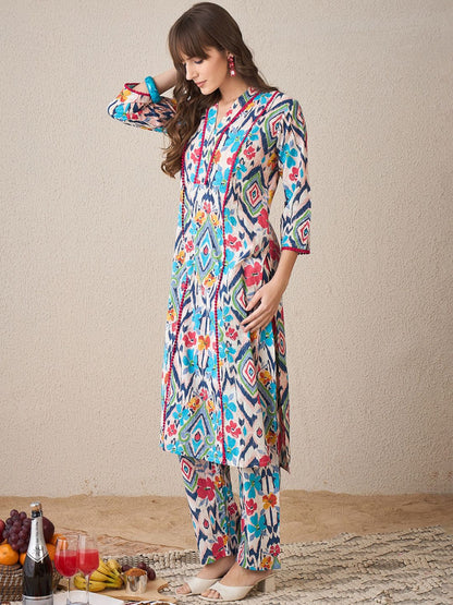 Dhiyona IE Floral Printed V-Neck Panelled Pure Cotton Straight Kurta With Trouser