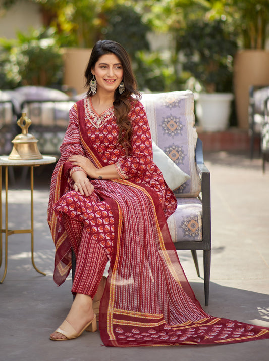 Women Maroon Printed Pure Cotton Kurta, Pant And Dupatta Set