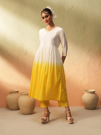 Dhiyona IS Women's Yellow Ombre Dyed Angrakha Pure Cotton Anarkali Kurta With Trousers