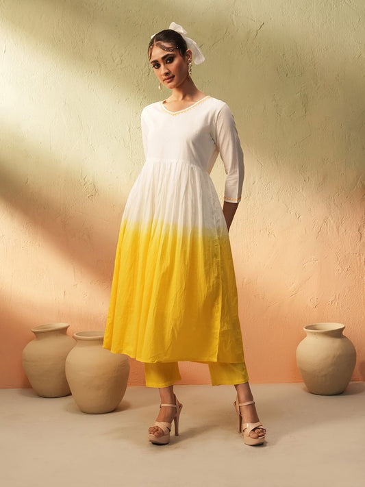 Dhiyona IS Women's Yellow Ombre Dyed Angrakha Pure Cotton Anarkali Kurta With Trousers