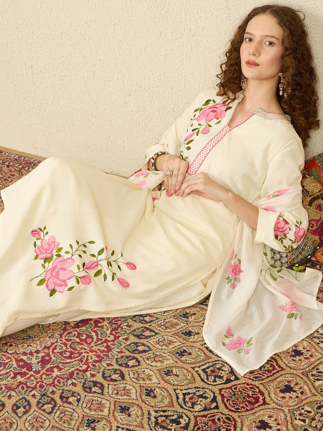 Floral Embroidered Notch Neck Straight Kurta with Trousers & Dupatta