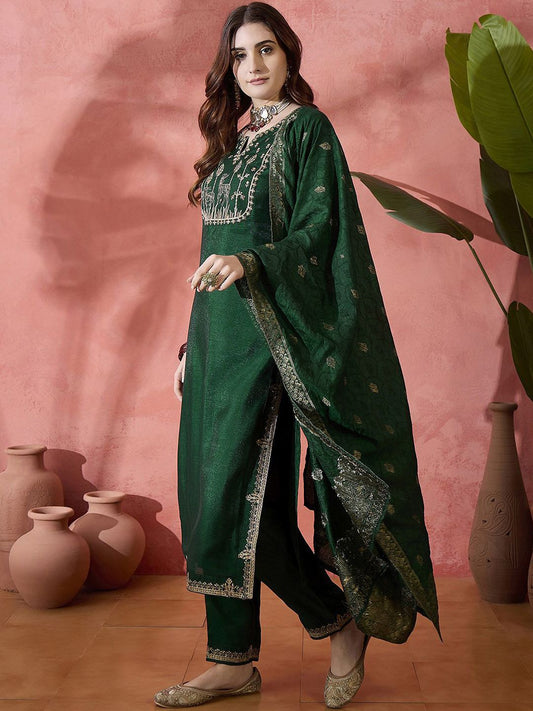 Dhiyona SN Women's Floral Embroidered Straight Kurta With Trouser And Dupatta