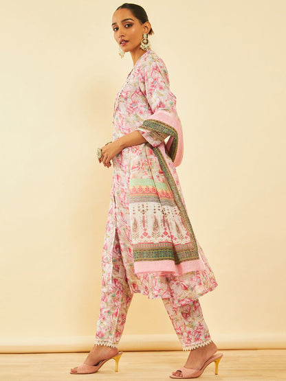 Dhiyona SO Women's Floral Printed Mandarin Collar Three-Quarter Sleeves Kurta Set
