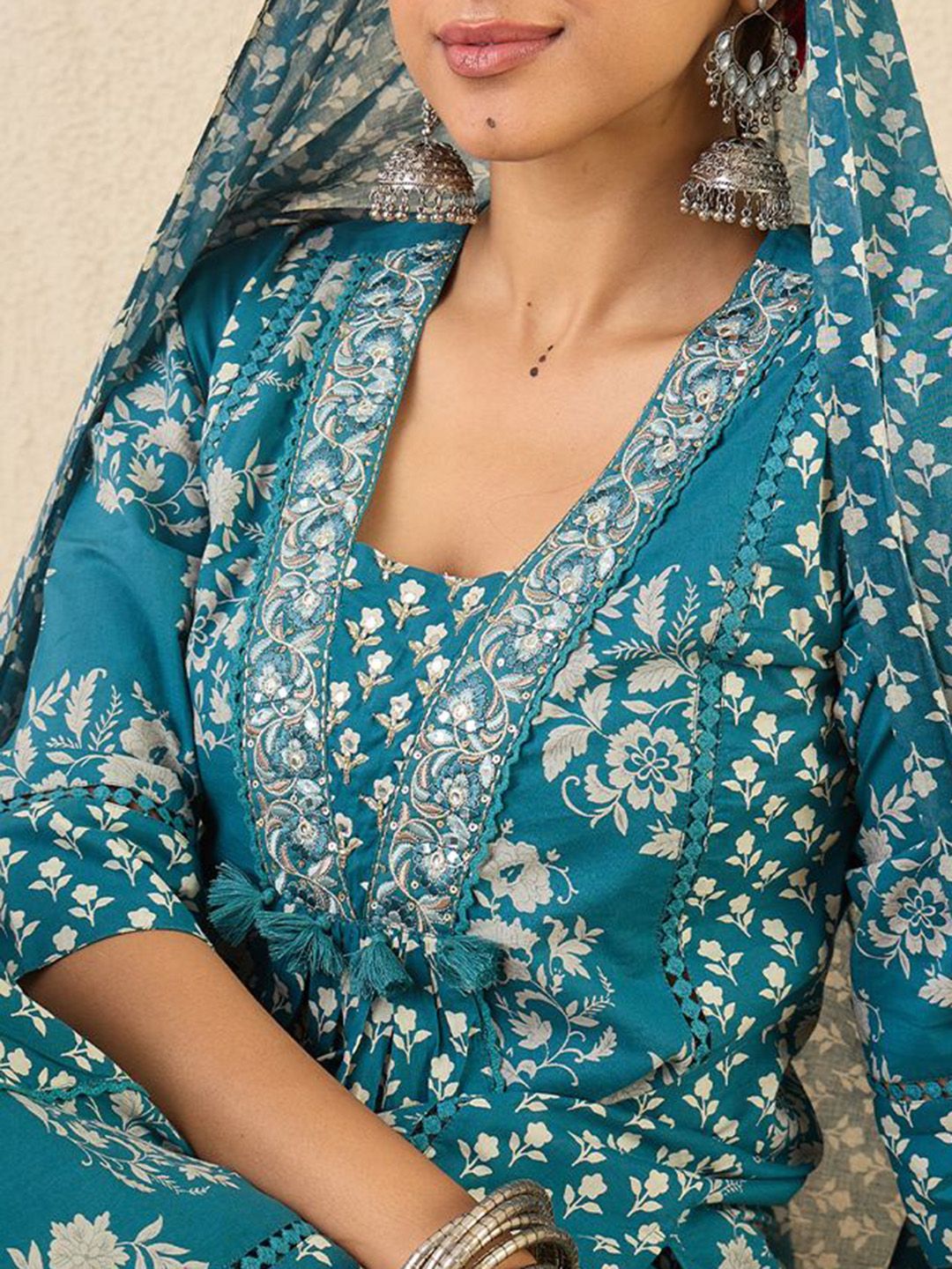 Dhiyona IE Ethnic Motifs Printed A Line Pleated Pure Cotton Kurta With Trousers & Dupatta