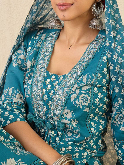 Dhiyona IE Ethnic Motifs Printed A Line Pleated Pure Cotton Kurta With Trousers & Dupatta