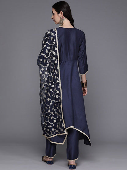 Dhiyona IE Navy Blue Empire V-Neck Sequinned Kurta With Trousers & Dupatta