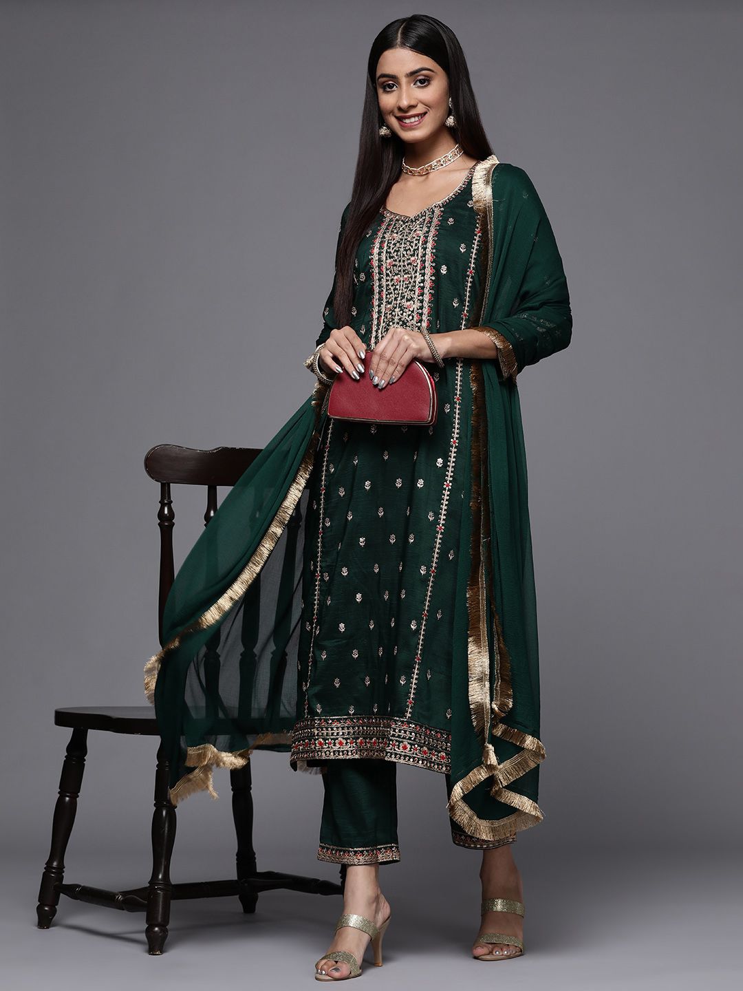 Dhiyona VA Women's Ethnic Motifs Embroidered Kurta with EmbroideredTrousers & With Dupatta