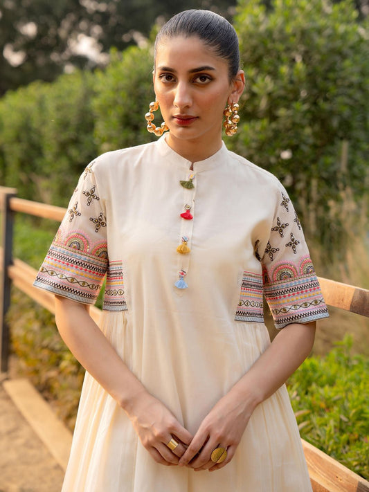 Dhiyona IE Ethnic Motifs Yoke Design Mandarin Collar Pure Cotton A-Line Kurta With Trousers