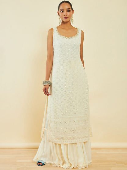 Dhiyona SO Women's Off White & Blue Floral Embroidered Georgette Kurta with Palazzos & Dupatta