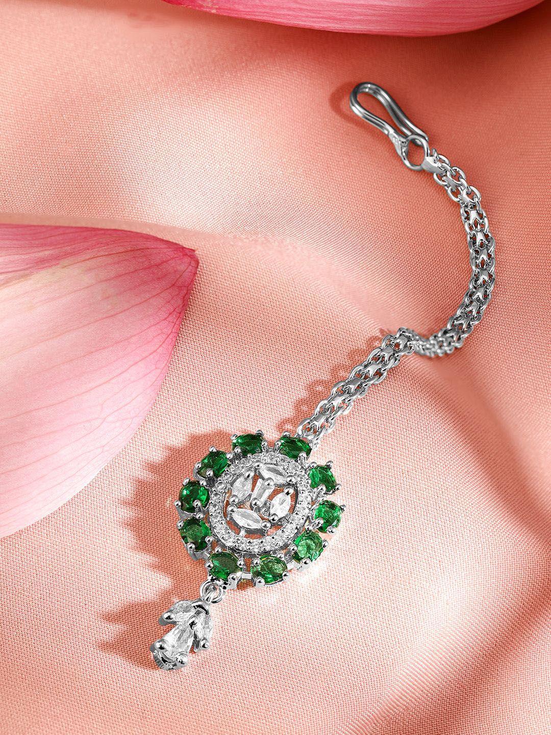 Dhiyona RJ Women's Rhodium-Plated Cubic Zirconia Studded Maang Tikka