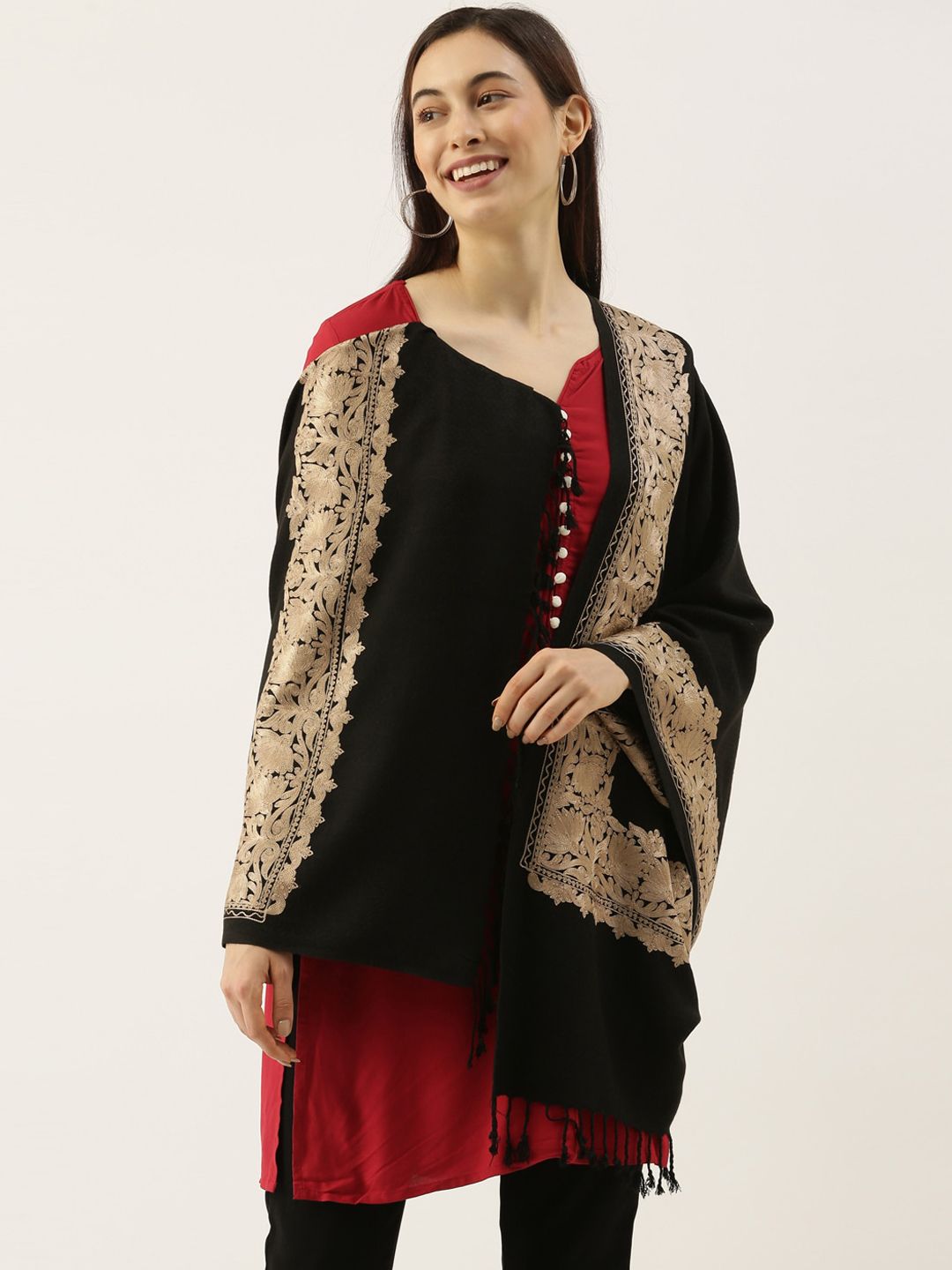 Dhiyona PA Women Black & Silver Embroidered Shawl