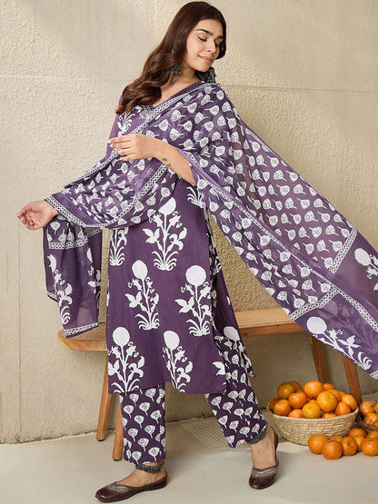 Dhiyona IE Floral Printed V-Neck Pure Cotton Straight Kurta With Trousers And Dupatta