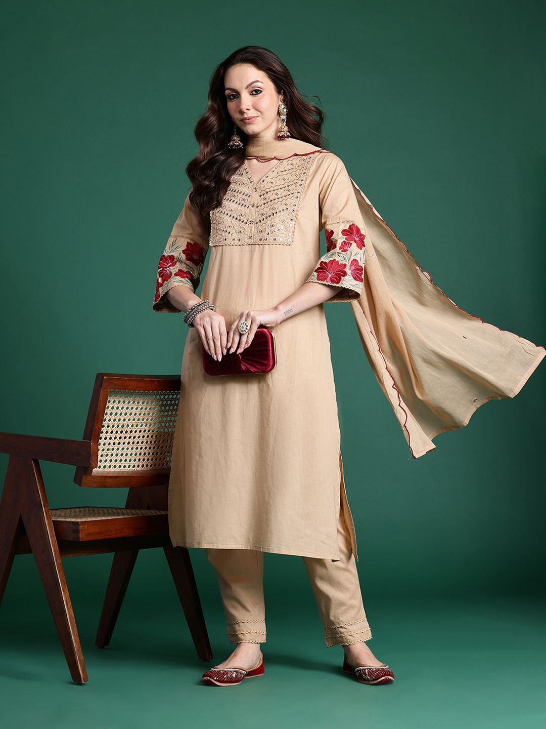 Floral Embroidered Kurta with Trousers & Dupatta