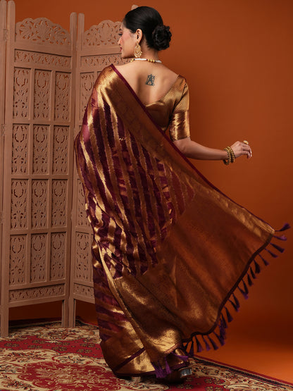 Women's Organza Burgundy Woven Design Designer Saree With Blouse Piece