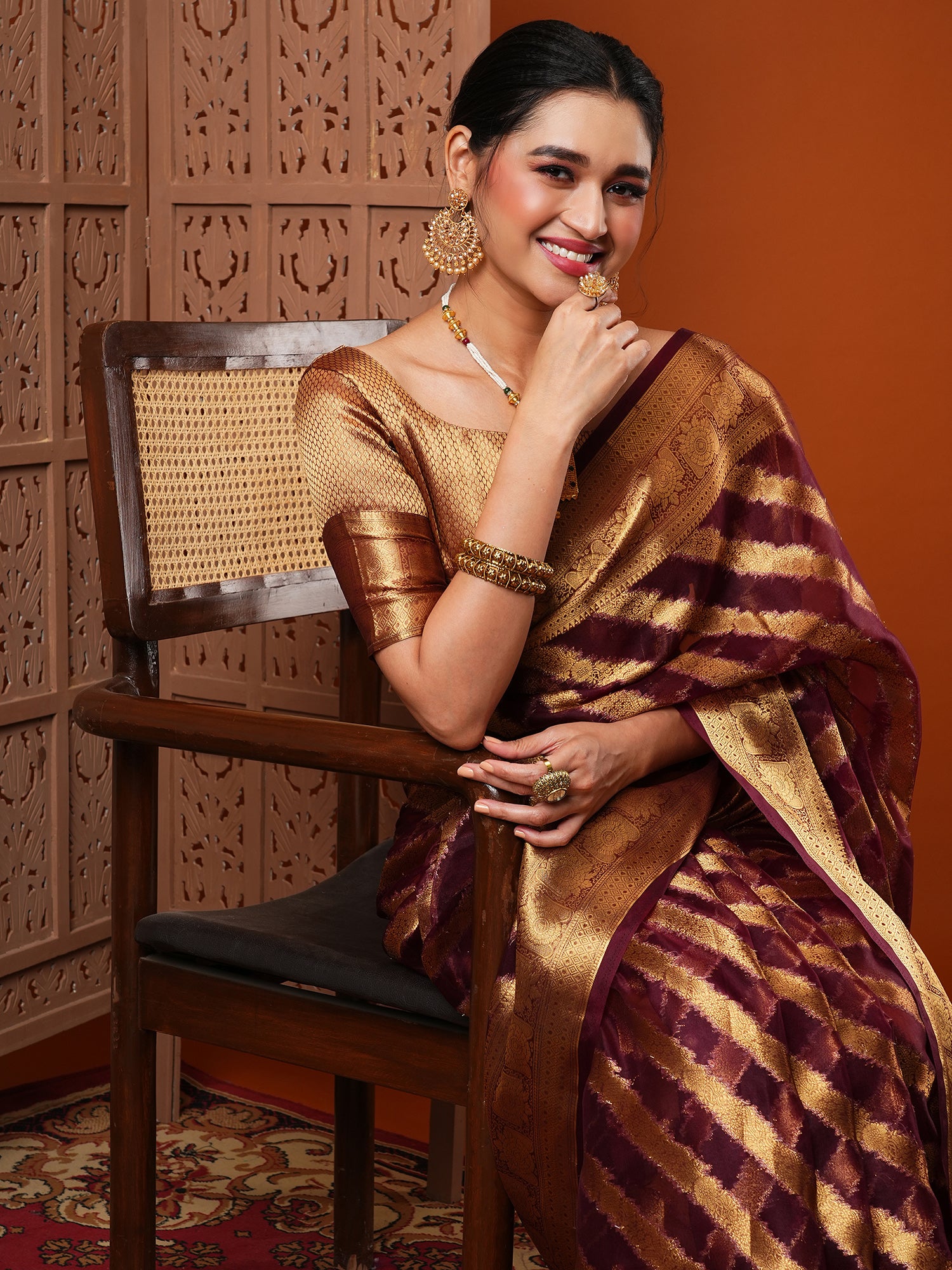 Women's Organza Burgundy Woven Design Designer Saree With Blouse Piece