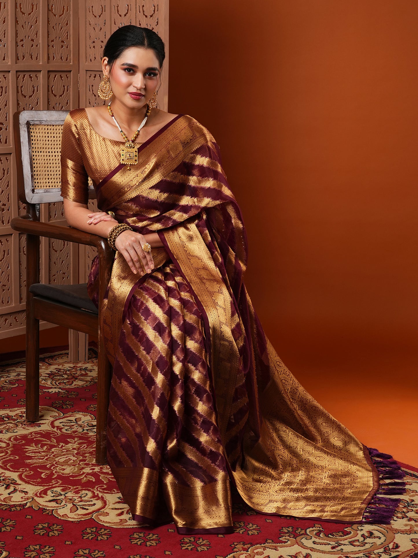 Women's Organza Burgundy Woven Design Designer Saree With Blouse Piece