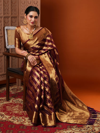 Women's Organza Burgundy Woven Design Designer Saree With Blouse Piece
