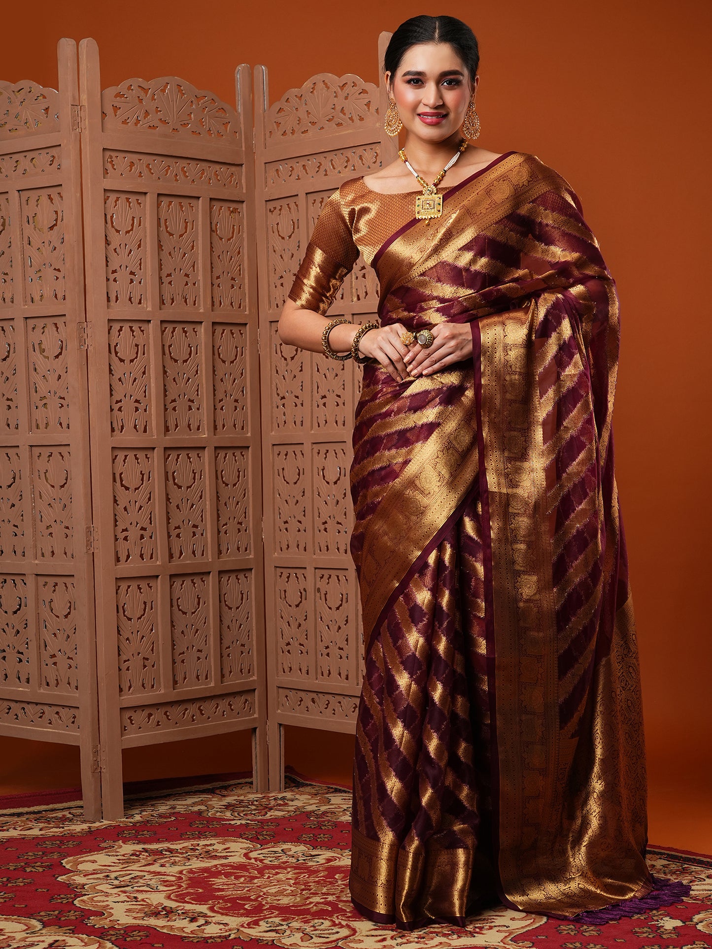 Women's Organza Burgundy Woven Design Designer Saree With Blouse Piece