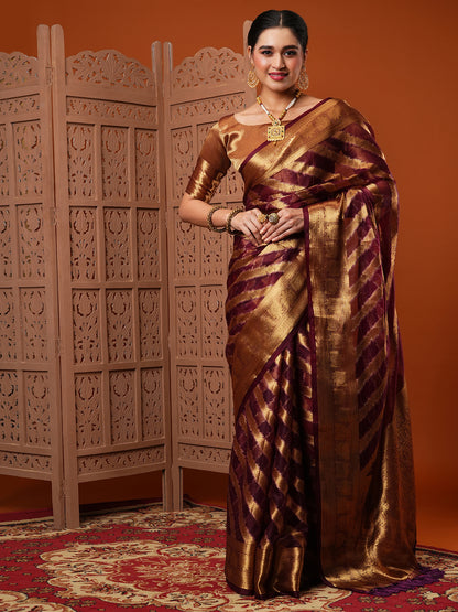 Women's Organza Burgundy Woven Design Designer Saree With Blouse Piece