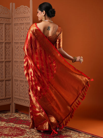 Women's Organza Red Woven Design Designer Saree With Blouse Piece