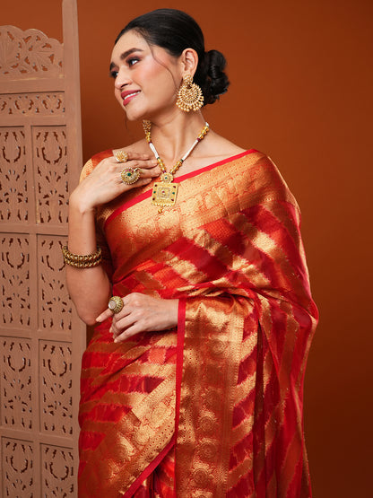 Women's Organza Red Woven Design Designer Saree With Blouse Piece