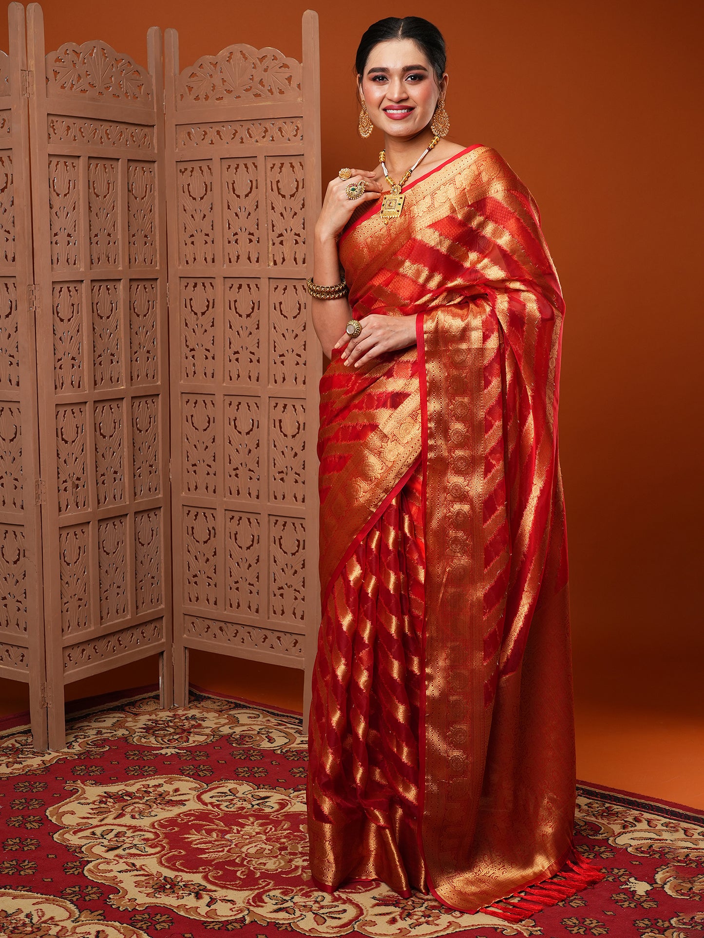 Women's Organza Red Woven Design Designer Saree With Blouse Piece