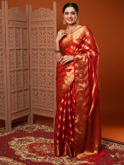 Women's Organza Red Woven Design Designer Saree With Blouse Piece