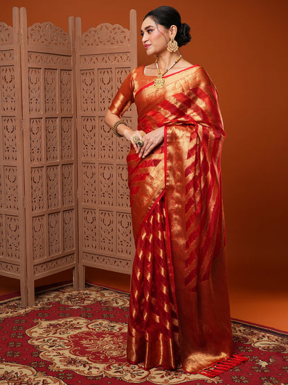 Women's Organza Red Woven Design Designer Saree With Blouse Piece