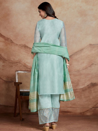 Dhiyona SN Women's Floral Embroidered Sequinned Chanderi Silk Straight Kurta & Palazzo With Dupatta
