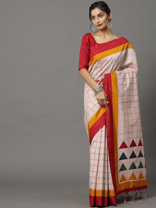 Women's Bhagalpuri Silk Cream Printed Designer Saree With Blouse Piece