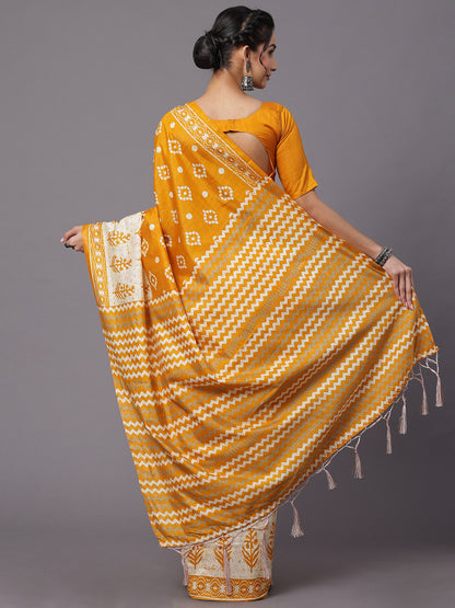 Women's Bhagalpuri Silk Yellow Printed Designer Saree With Blouse Piece