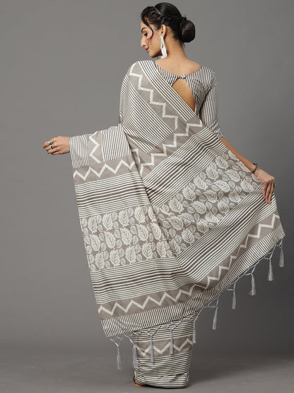 Women's Bhagalpuri Silk Grey Printed Designer Saree With Blouse Piece
