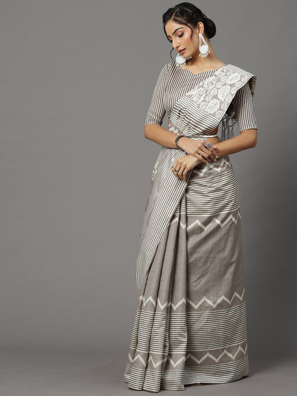 Women's Bhagalpuri Silk Grey Printed Designer Saree With Blouse Piece