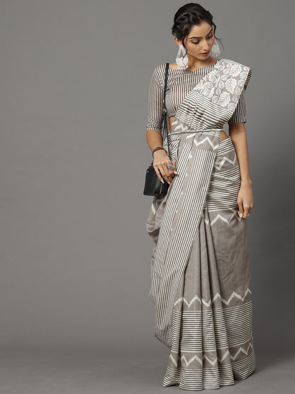 Women's Bhagalpuri Silk Grey Printed Designer Saree With Blouse Piece
