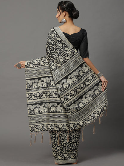 Women's Bhagalpuri Silk Black Printed Designer Saree With Blouse Piece