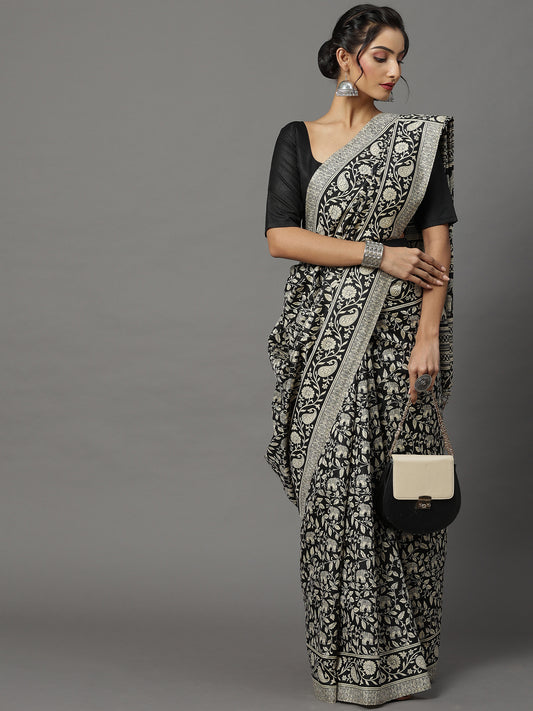 Women's Bhagalpuri Silk Black Printed Designer Saree With Blouse Piece