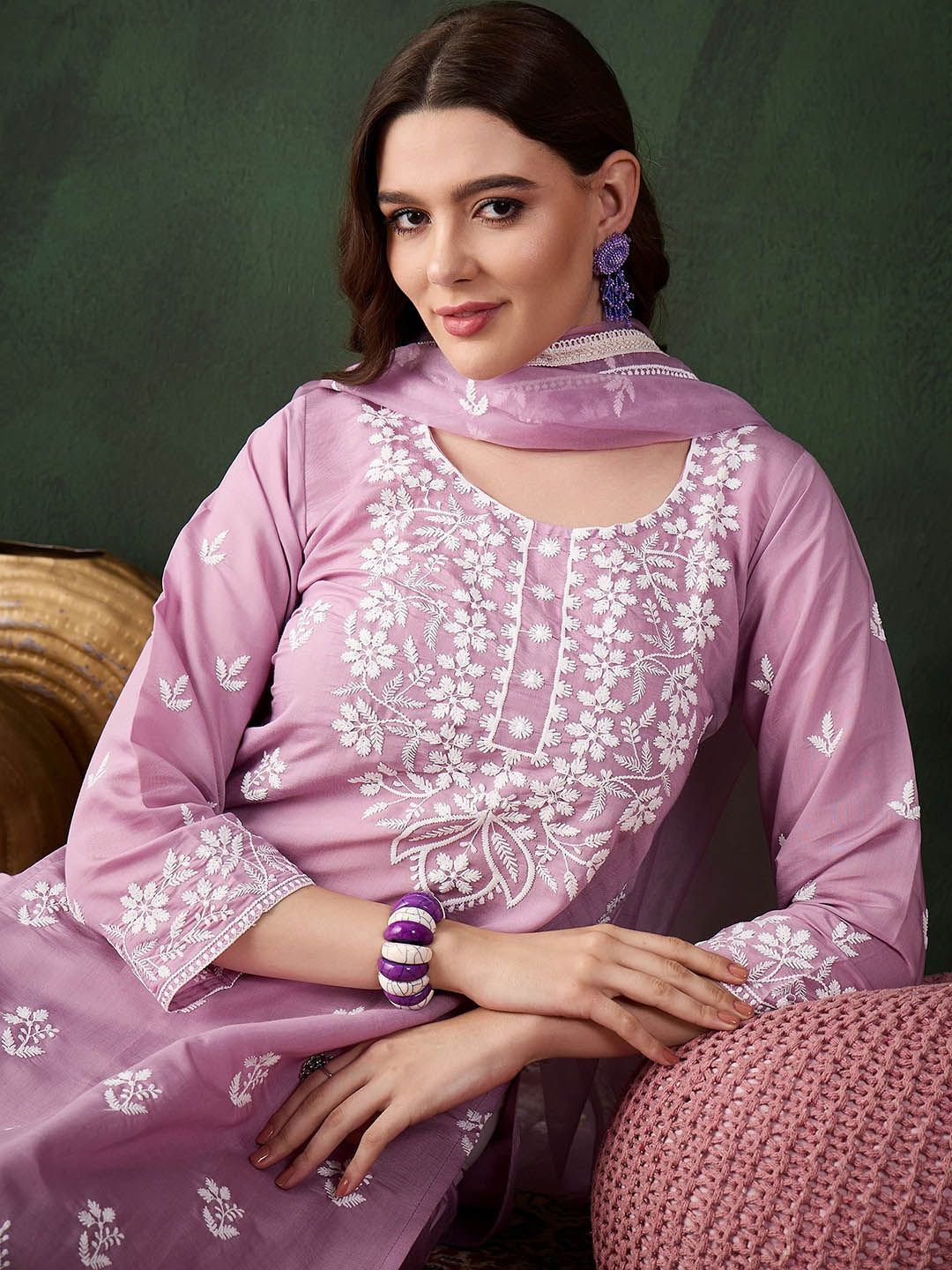 Dhiyona SN Women's Lavender Floral Embroidered Thread Work Cotton Kurta & Trouser With Dupatta