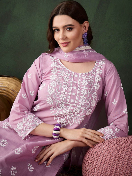 Dhiyona SN Women's Lavender Floral Embroidered Thread Work Cotton Kurta & Trouser With Dupatta