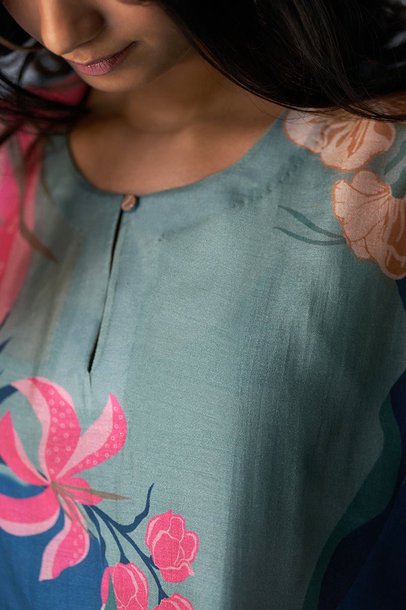 Women's Midnight Blue, Pink and Pistachio Mix Colour Bemberg Silk Printed Co-ord Set