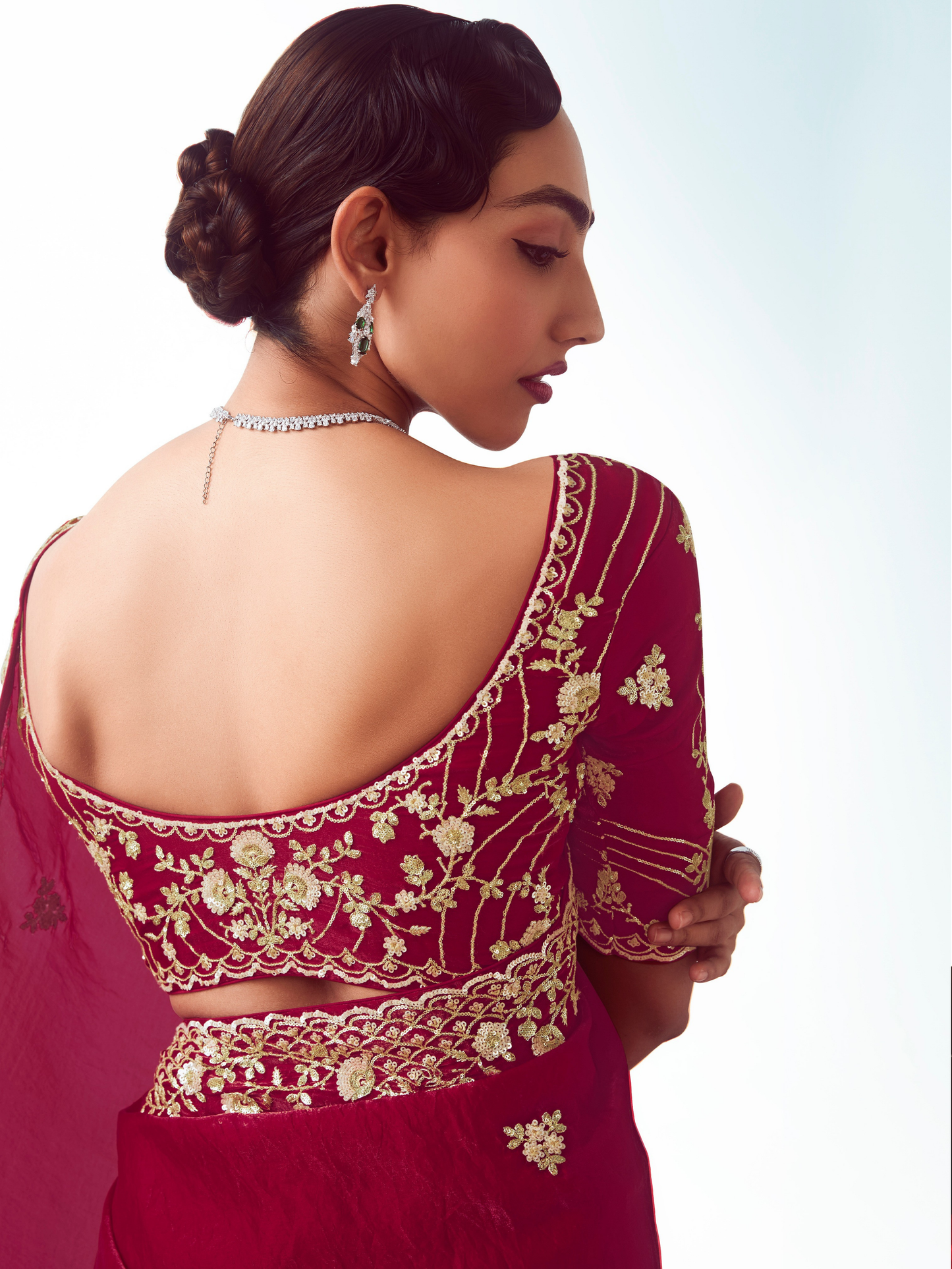 Dhiyona KM Women Red Organza Silk Saree
